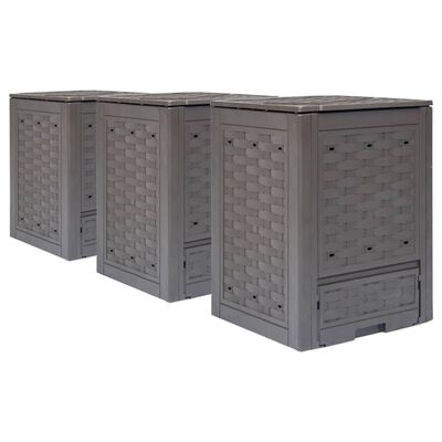 vidaXL komposta kastes, 3 gab., brūnas, 60x60x83 cm, 900 L, plastmasa