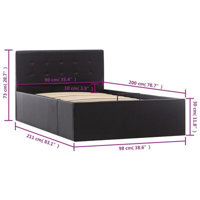 vidaXL gulta, hidraulikas mehānisms, melna mākslīgā āda, 90x200 cm