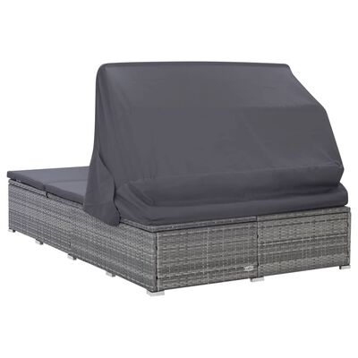 vidaXL sauļošanās gulta ar matraci, pelēka, PE pinums, divvietīga