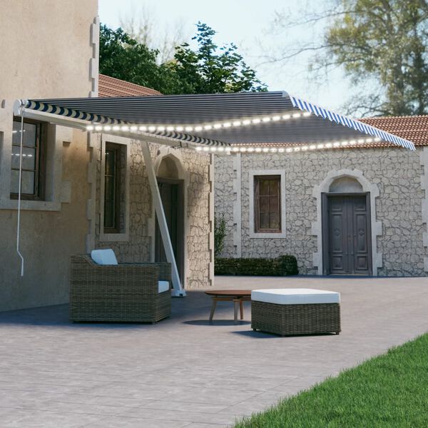 vidaXL izvelkama markīze, LED, vēja sensors, 600x300 cm, zila un balta