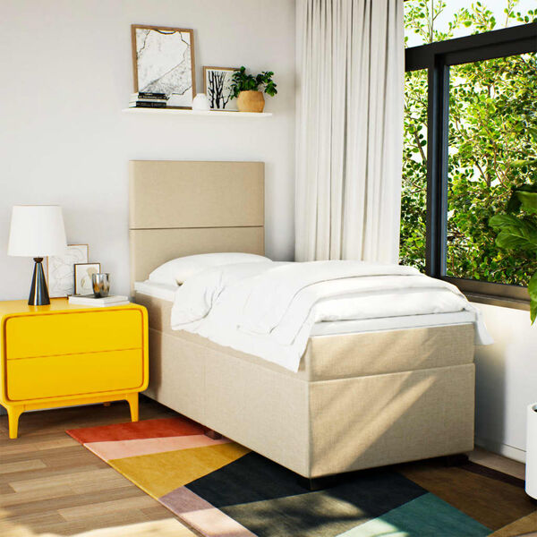 vidaXL atsperu gultas rāmis ar matraci, krēmkrāsas, 90x200 cm, audums