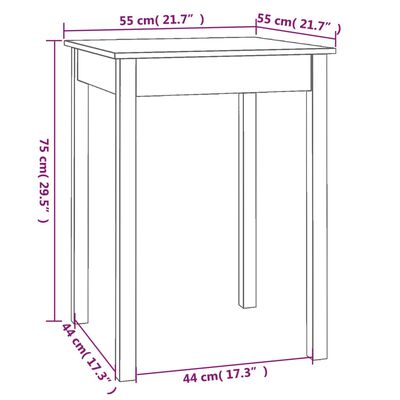 vidaXL virtuves galds, balts, 55x55x75 cm, priedes masīvkoks