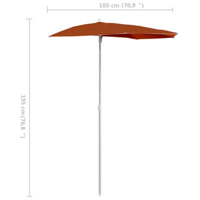 vidaXL dārza saulessargs ar kātu, pusapaļš, 180x90 cm, sarkanbrūns