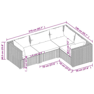 vidaXL 4-daļīgs dārza atpūtas mēbeļu komplekts, pelēka PE rotangpalma
