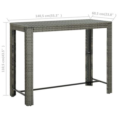 vidaXL dārza bāra galds, pelēks, 140,5x60,5x110,5 cm, PE rotangpalma