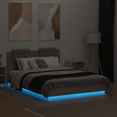 vidaXL gultas rāmis ar galvgali un LED, koka krāsa, 135x190 cm