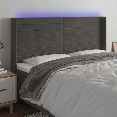 vidaXL gultas galvgalis ar LED, 163x16x118/128 cm, tumši pelēks samts