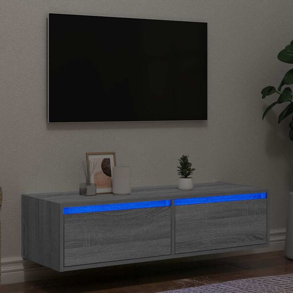 vidaXL TV galdiņ&scaron; ar LED lampiņām pelēka koka 100X35,5x25 cm