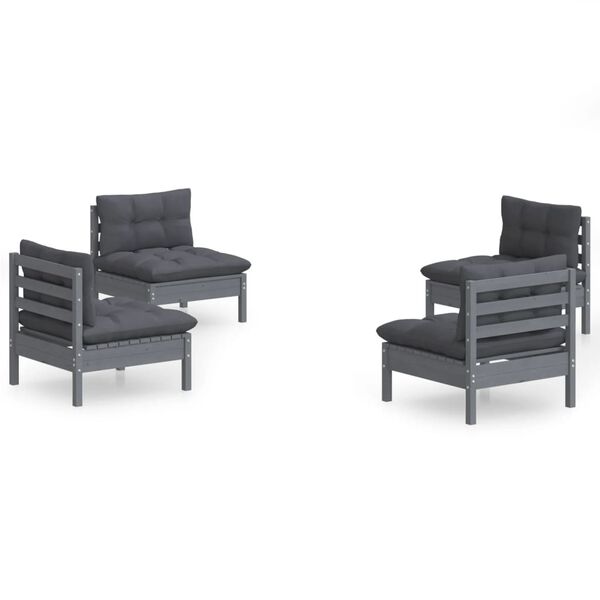 vidaXL 4-daļīgs dārza mēbeļu komplekts ar pelēkiem matračiem, priede