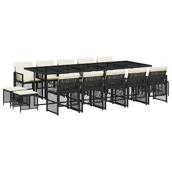 vidaXL 15-daļīgs dārza mēbeļu komplekts ar matračiem, melns PE