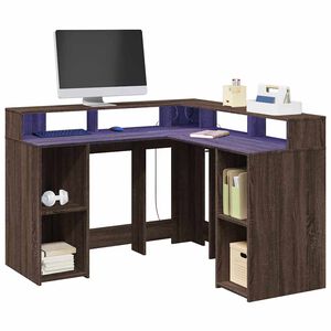 vidaXL rakstāmgalds, LED, ozola krāsa, 130x130x91cm, inženierijas koks