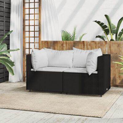 vidaXL dārza stūra dīvāns ar spilveniem, PE rotangpalma, melns