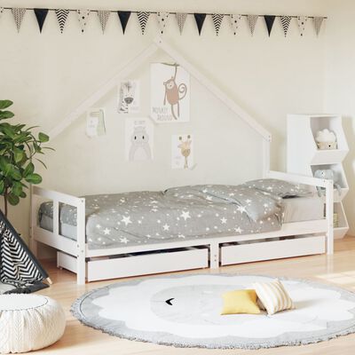 vidaXL bērnu gultas rāmis ar atvilktnēm, balts, priedes masīvkoks