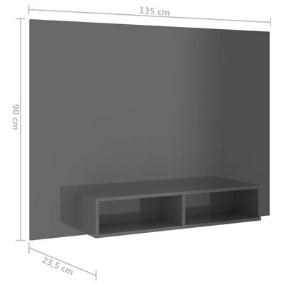 vidaXL sienas TV plaukts, spīdīgi pelēks, 135x23,5x90cm, skaidu plātne