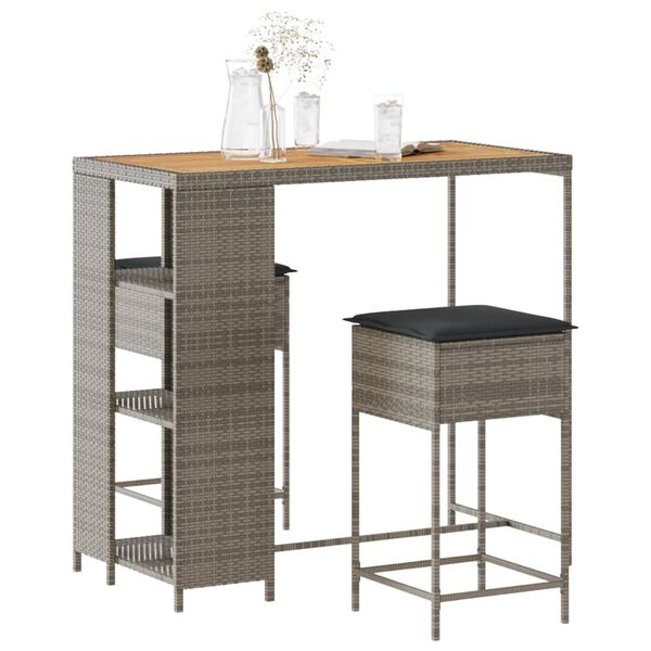 vidaXL 3 gab dārza mēbeļu komplekts ar matračiem pelēka PE rotangpalma