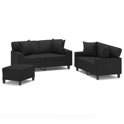 vidaXL trīsdaļīgs dīvānu komplekts ar spilveniem, melna mākslīgā āda