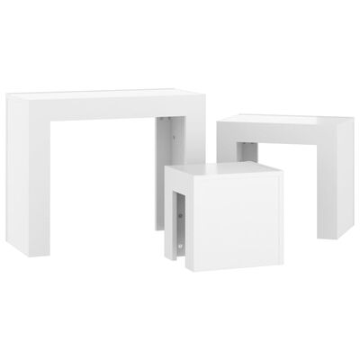 vidaXL kafijas galdiņi, 3 gab., sabīdāmi, spīdīgi balti, skaidu plātne