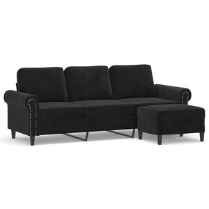 vidaXL trīsvietīgs dīvāns ar kājsoliņu, 180 cm, melns samts