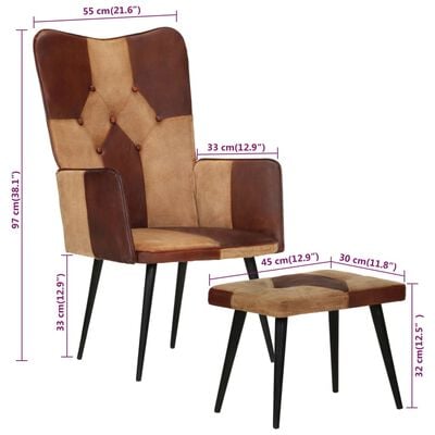 vidaXL atpūtas krēsls ar kājsoliņu, brūna dabīgā āda un audums