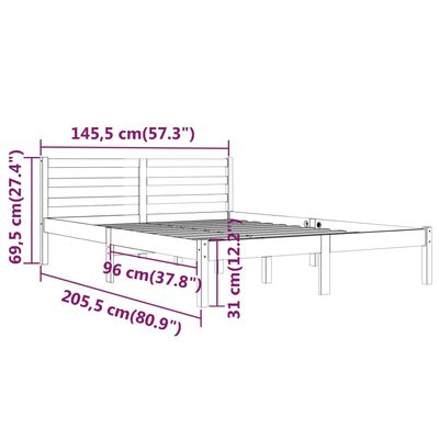 vidaXL gultas rāmis, priedes masīvkoks, 140x200 cm, melns
