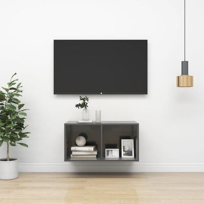 vidaXL sienas TV skapītis, spīdīgi pelēks, 37x37x72 cm, skaidu plāksne