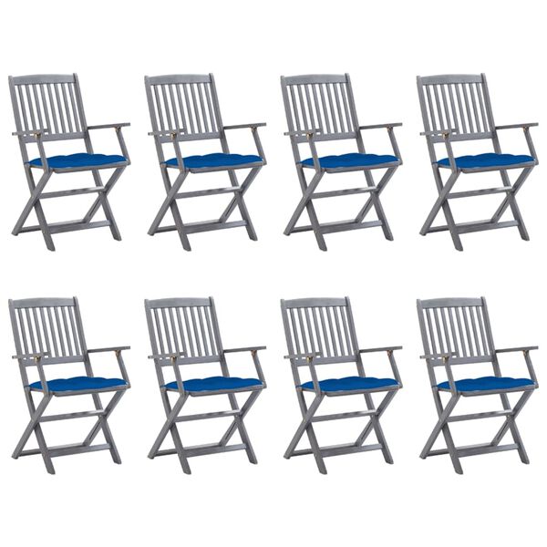 vidaXL saliekami āra krēsli ar matračiem, 8 gab., akācijas masīvkoks