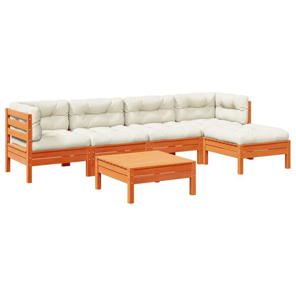 vidaXL 6-daļīgs dārza dīvānu komplekts, matrači, brūns priedes koks