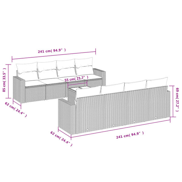 vidaXL 9-daļīgs dārza dīvānu komplekts, matrači, bē&scaron;a PE rotangpalma