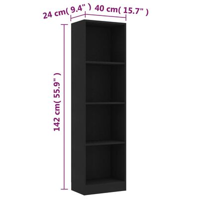 vidaXL 4-līmeņu grāmatu plaukts, melns, 40x24x142 cm, skaidu plāksne