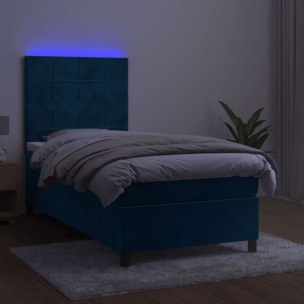 vidaXL atsperu gulta ar matraci, LED, tum&scaron;i zils samts, 90x190 cm