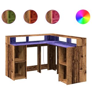 vidaXL rakstāmgalds, LED, veca koka, 130x130x91 cm, inženierijas koks