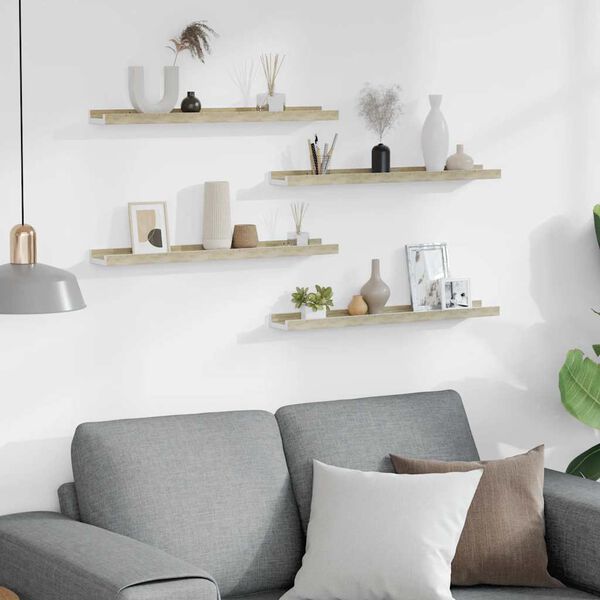 vidaXL sienas plaukti, 4 gab., balta un ozolkoka krāsa, 60x9x3 cm