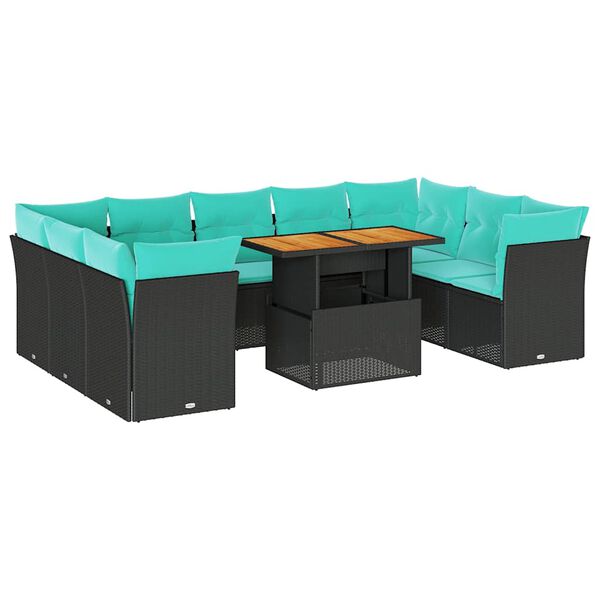 vidaXL 10-daļīgs dārza dīvāna komplekts, matrači, melna PE rotangpalma