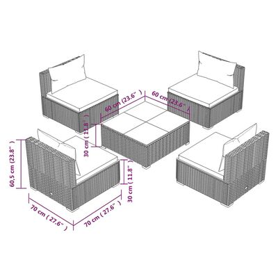 vidaXL 5-daļīgs dārza mēbeļu komplekts, matrači, PE rotangpalma