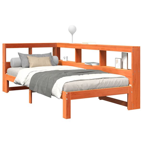 vidaXL gulta ar grāmatu plauktu, bez matrača, 90x200 cm, priedes koks