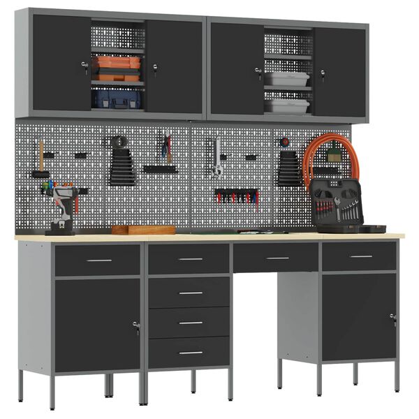 vidaXL Darba skapis ar slēdzeni 10 pcs Melna Inženieru koks un tērauds