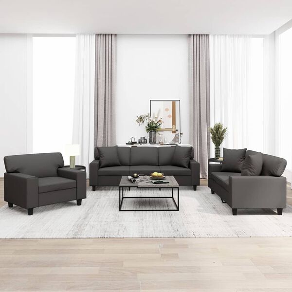 vidaXL trīsdaļīgs dīvānu komplekts, spilveni, pelēka mākslīgā āda