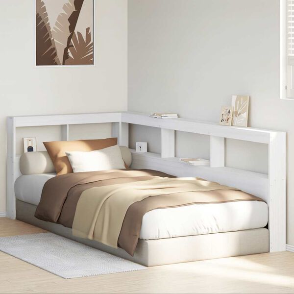 vidaXL Grāmatu skapja galvgalis L-veida balts 90 cm priedes masīvkoks