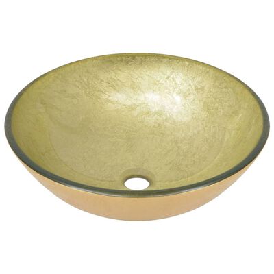 vidaXL vannasistabas izlietne ar krānu un noteku, zelta krāsas stikls