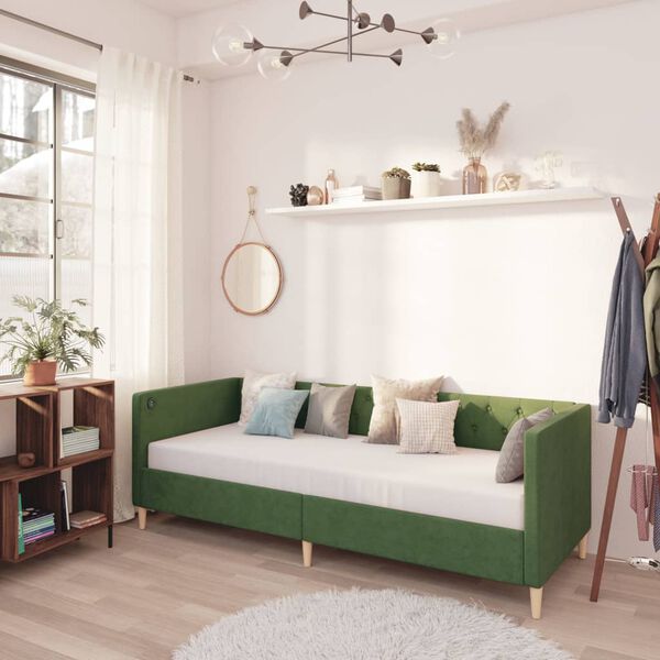vidaXL dīvāngulta, USB, tum&scaron;i zaļ&scaron; audums, 90x200 cm