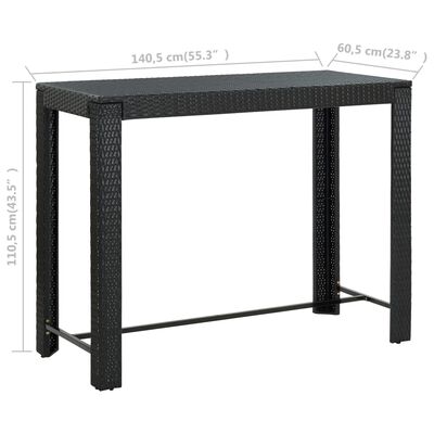 vidaXL dārza bāra galds, melns, 140,5x60,5x110,5 cm, PE rotangpalma