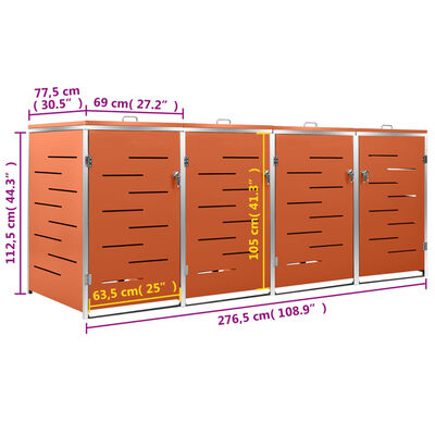 vidaXL 4-daļīga nojume atkritumu tvertnēm, 276,5x77,5x112,5cm, tērauds