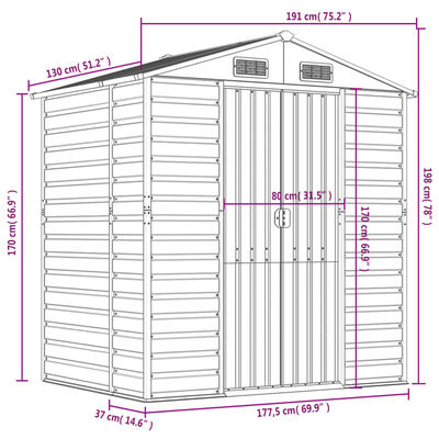 vidaXL dārza šķūnis, brūns, 191x130x198 cm, cinkots tērauds