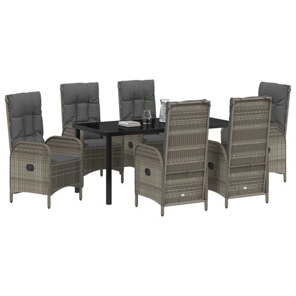 vidaXL Dārza ēdamgalds ar spilvenu 7 pcs Pelēka poliratāns