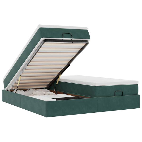 vidaXL Osmaņu gultas rāmis ar matračiem tum&scaron;i zaļ&scaron; 200x200cm audums