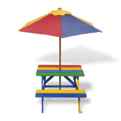 vidaXL bērnu piknika galds ar soliem, saulessargu, daudzkrāsains, koks