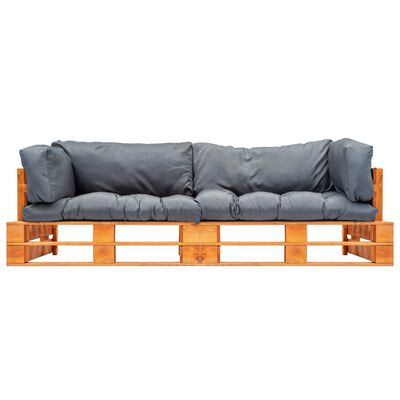 vidaXL 2-daļīgs palešu dīvānu komplekts ar pelēkiem matračiem, priede