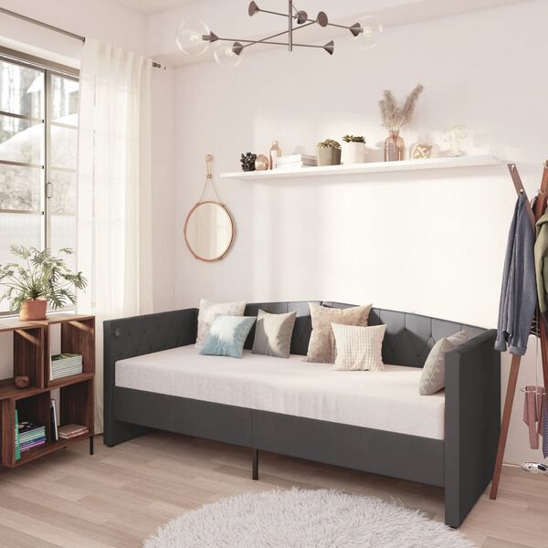 vidaXL dīvāngulta ar matraci, USB, tum&scaron;i pelēks samts, 90x200 cm