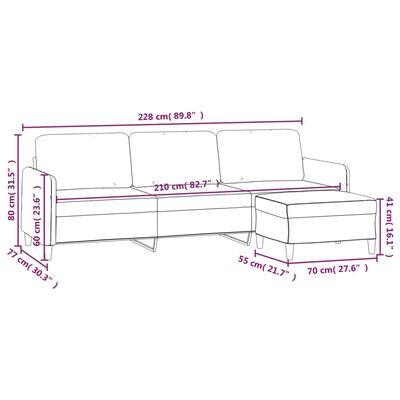 vidaXL trīsvietīgs dīvāns ar kājsoliņu, 210 cm, gaiši pelēks audums