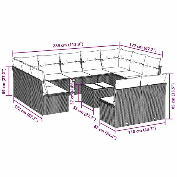 vidaXL 12-daļīgs dārza dīvāna komplekts ar matračiem, pelēka PE pinums